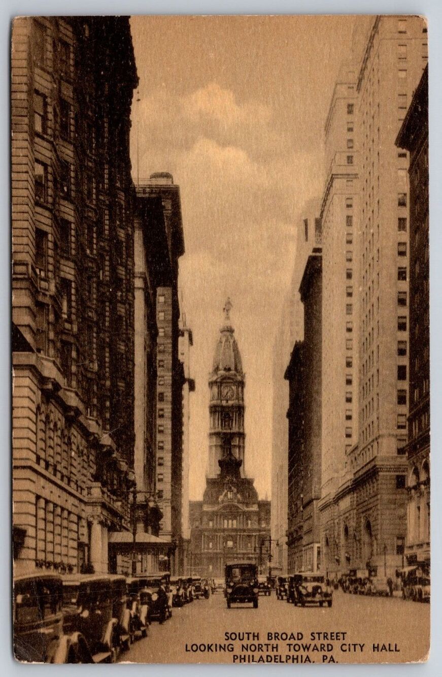 Vintage Phila PA Postcard South Broad Street City Hall Sepia View 1920s Cars